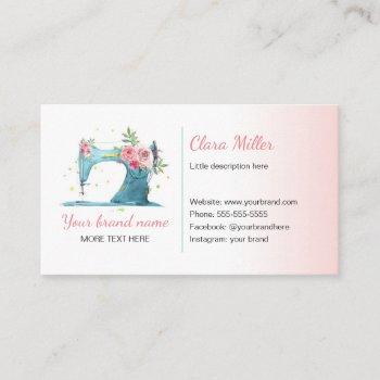 sewing machine business card watercolor teal pink