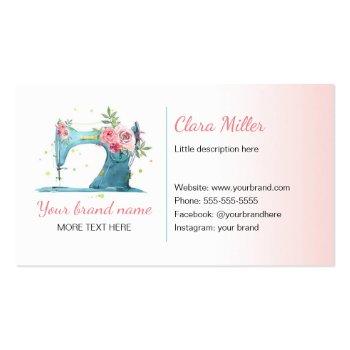 Small Sewing Machine Business Card Watercolor Teal Pink Front View