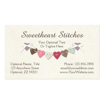 Small Sewing Stitches On Rustic Country Burlap & Hearts Business Card Back View