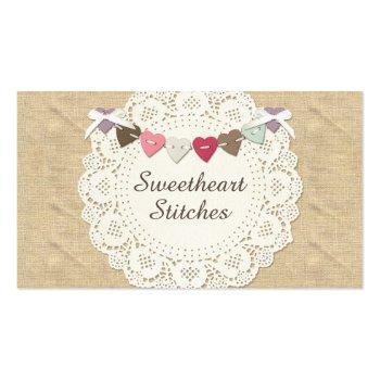 Small Sewing Stitches On Rustic Country Burlap & Hearts Business Card Front View