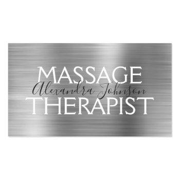 Small Silver Brushed Metal Massage Therapist Business Card Front View