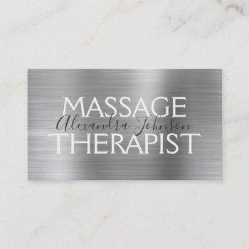 silver brushed metal massage therapist business card