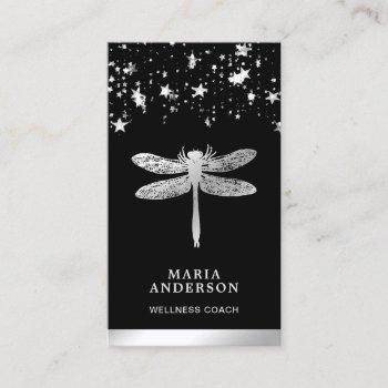 Small Silver Foil Stars Confetti Silver Dragonfly Business Card Front View