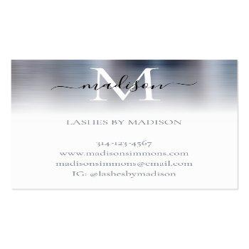 Small Silver Gray Brushed Metal Monogram Elegant Script Square Business Card Back View