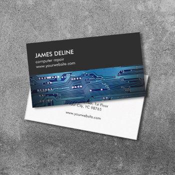 simple gray blue circuit board computer repair business card