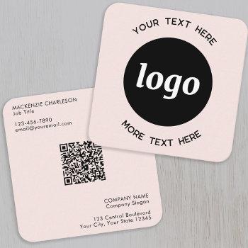 simple logo and text qr code blush pink square business card
