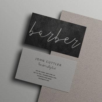 simple luxury black leather barber silver script business card