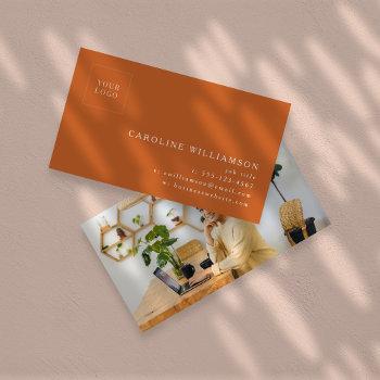 Small Simple Modern Minimal Burnt Orange Logo Photo  Business Card Front View