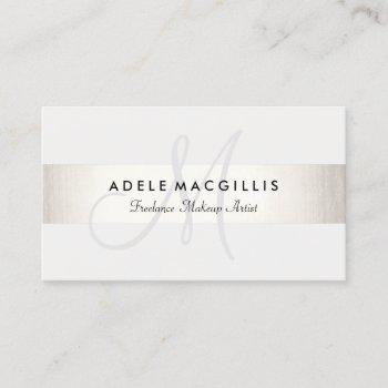 simple monogram white modern faux silver striped business card