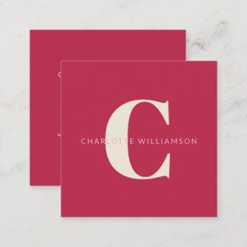 simple personalized monogram name pink red modern square business card