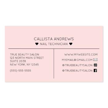 Small Simple Pretty Pink Hearts Typography Nail Tech Business Card Back View