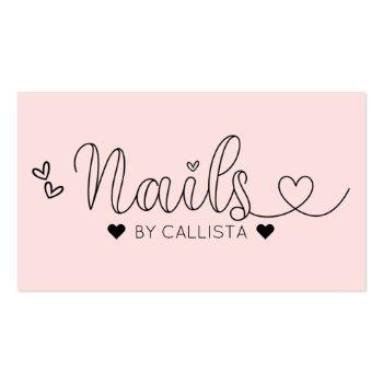 Small Simple Pretty Pink Hearts Typography Nail Tech Business Card Front View