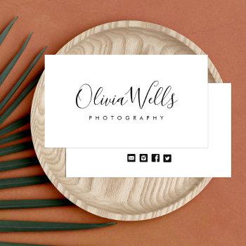 Small Simple White Handwritten Script Social Media Icons Business Card Front View