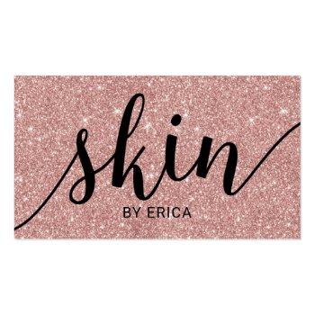 Small Skin Care Typography Rose Gold Glitter Esthetician Business Card Front View