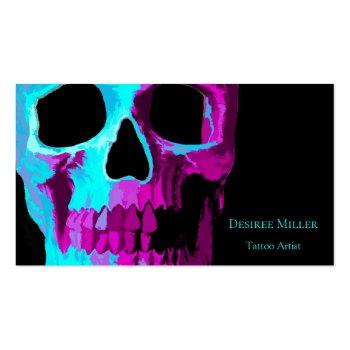 Small Skull Head Gothic Neon Purple Teal Black Design Business Card Front View