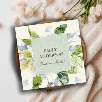 Small Soft Aqua Blue Green Watercolor Floral Square Business Card Front View