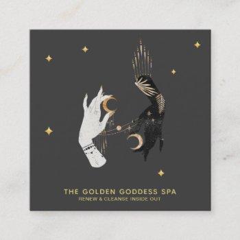 *~* spa hands stars moon mystic gold palm leaves square business card