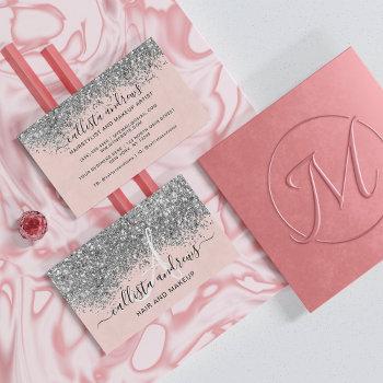 sparkly blush pink silver confetti glitter business card