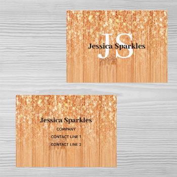 sparkly elegant orange bamboo wood print monogram business card