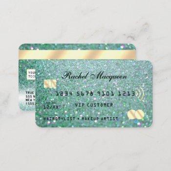 sparkly teal green gold glitter credit business card