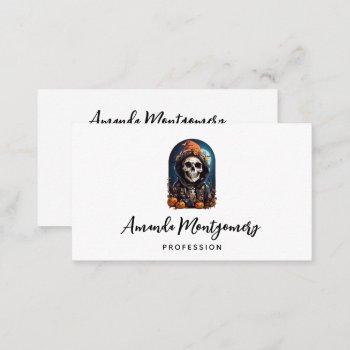 spooky skeleton with evil pumpkins business card