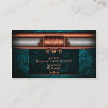 steampunk copper and silver on teal cogs, monogram business card