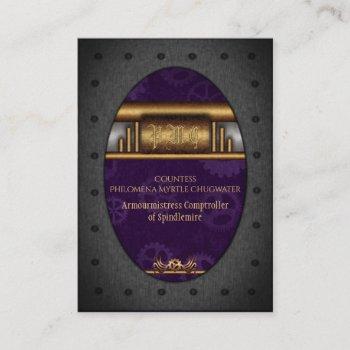 steampunk riveted frame, brass and royal purple business card