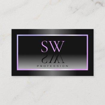 stylish black white ombre blue pink frame monogram business card