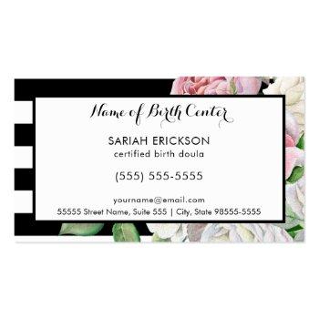 Small Stylish Flowers And Stripes Maternity Birth Doula Business Card Back View