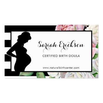 Small Stylish Flowers And Stripes Maternity Birth Doula Business Card Front View