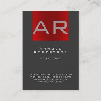 Small Stylish Gray Red Trendy Monogram Business Card Front View