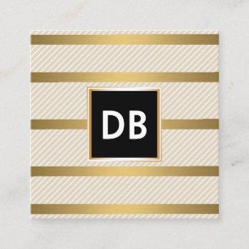 stylish monogram glamour striped golden square business card