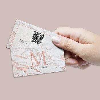 stylish rose gold foil marble monogram qr code business card