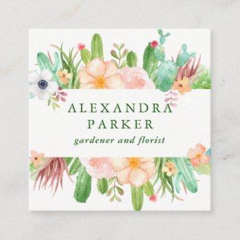 stylish watercolor succulent flowers square business card