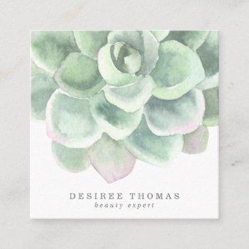 succulent botanical sage green watercolor beauty square business card