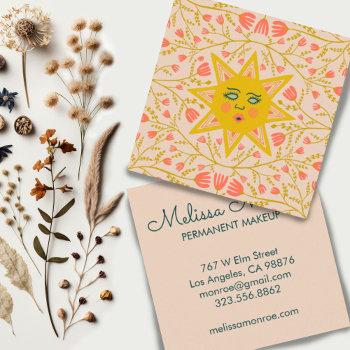 Small Sun & Flowering Vines Elegant Boho Sandy Square Business Card Front View