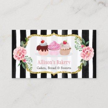 sweet bakery cupcakes gold pink floral striped business card
