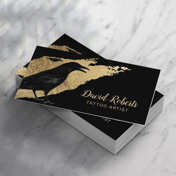tattoo artist black crow modern gold brush stroke business card