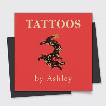 tattoo artist floral dragon social media cool red square business card