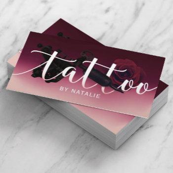 tattoo artist gun & flower typography burgundy red business card