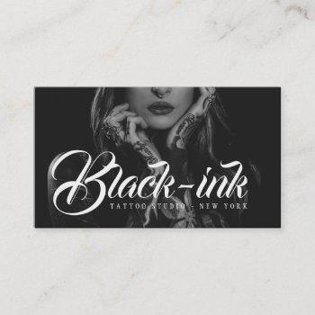 Small Tattoo Artist Photo Script Typography Black Kraft Business Card Front View