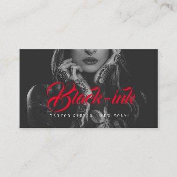 tattoo artists black photo red script typography business card