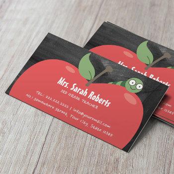 teacher tutor cute apple & worm rustic chalkboard business card