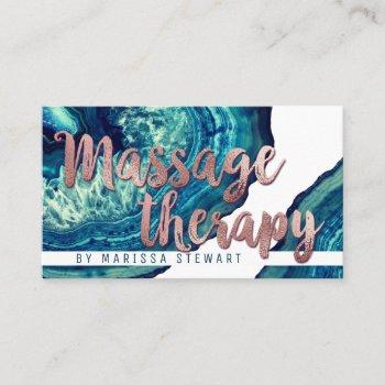 teal agate geode stone rose gold massage therapist business card
