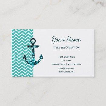teal and turquouise chevron nautical anchor business card
