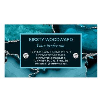Small Teal Blue And Silver Glitter Agate Business Card Back View