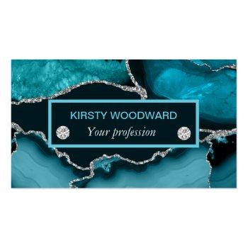 Small Teal Blue And Silver Glitter Agate Business Card Front View
