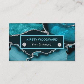 teal blue and silver glitter agate business card