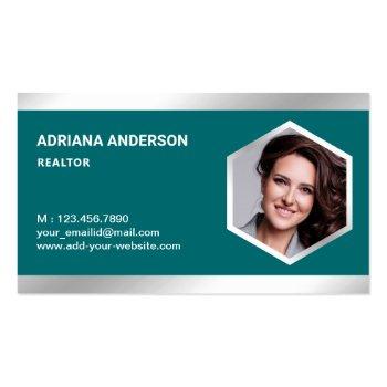 Small Teal Steel Silver Real Estate Photo Realtor Business Card Front View