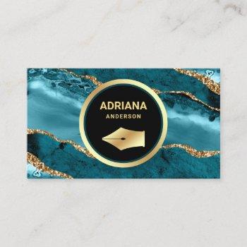 teal turquoise agate lawyer attorney gold pen nib business card
